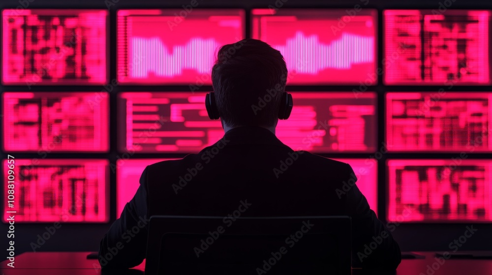 Poster cybersecurity analyst monitoring network: a lone figure sits before a wall of glowing screens, analy