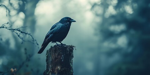 Fototapeta premium Black crow perched on a tree stump in a misty forest