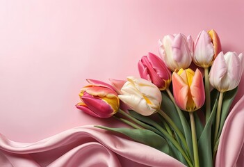 Obraz premium A close-up of pink tulips on a pink silk background