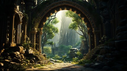 Obraz premium Sunlit archway in overgrown stone ruins leads to lush jungle.