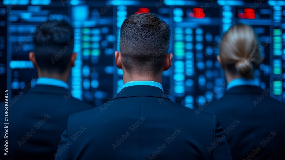Poster data driven decisions: a team of professionals in suits analyze data on a large screen, their focus 