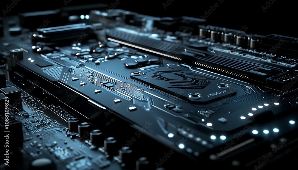 Poster vivid 3d rendering of a sleek, futuristic motherboard, featuring interconnected circuits and led hig