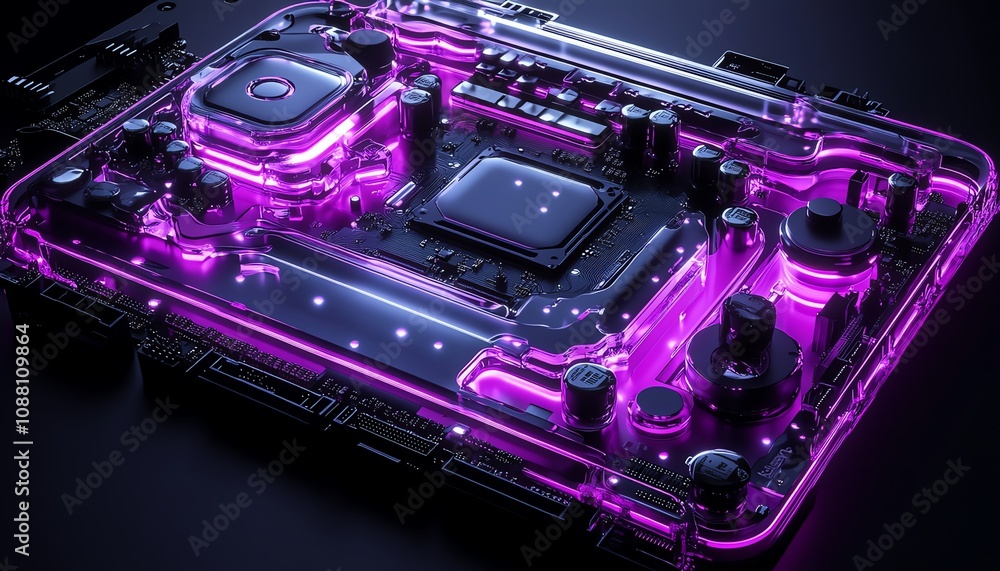 Poster vivid 3d rendering of a sleek, futuristic motherboard, featuring interconnected circuits and led hig
