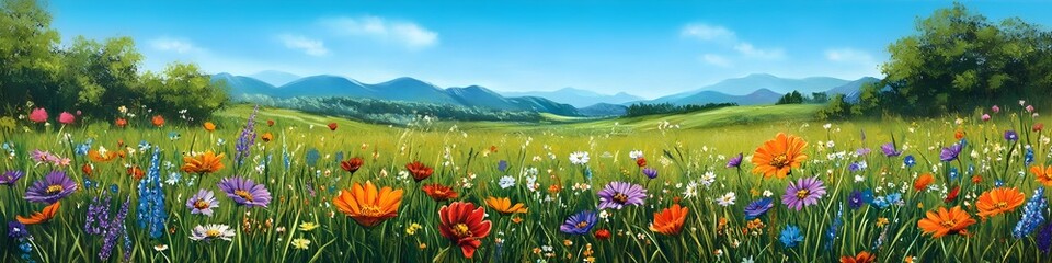 Fototapeta premium Delight in the beauty of a meadow filled with colorful flowers. The vibrant blooms, blue sky, and lush greenery create a serene and picturesque scene
