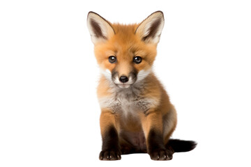 Obraz premium A young fox cub sitting and looking directly at the camera isolated on white background