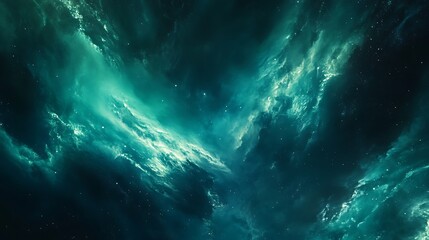 Fototapeta premium Teal and dark blue nebula swirls in space, cosmic dust and gas clouds.