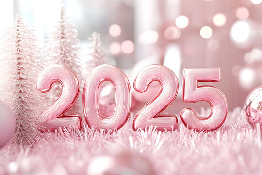 ピンクのグリッター装飾と2025年の新年祝い
