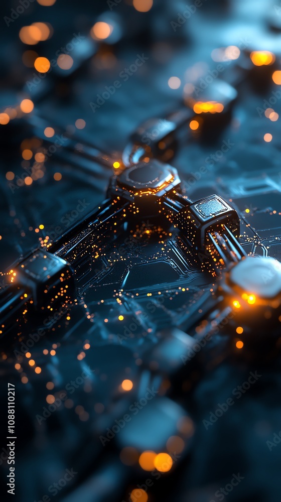 Poster close-up of intricate metallic network with glowing orange nodes, suggesting advanced technology or 