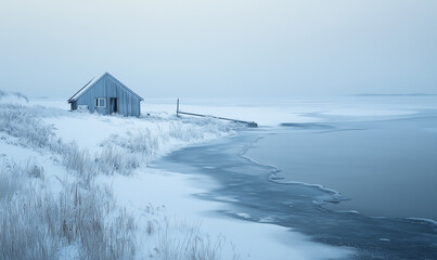 Clear Ice Scene: Frost-Bound Coastal Inlet and Snowy Coastal Line with Open Space