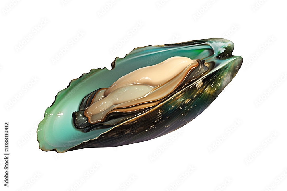 Poster abalone shell with iridescent colors and smooth texture, isolated on white background. shell natural