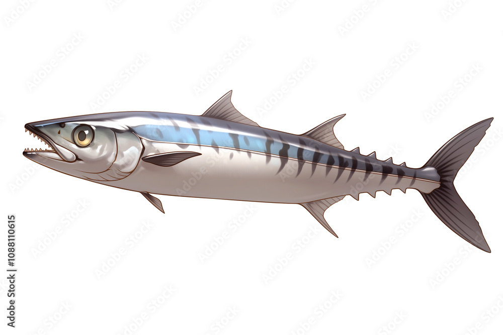 Poster barracuda with sharp teeth and sleek body is isolated on white background, showcasing its streamlined form and distinctive markings. fish appears dynamic and ready to swim