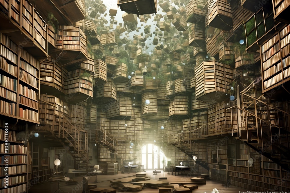 Poster surreal library with floating bookshelves and glowing window.