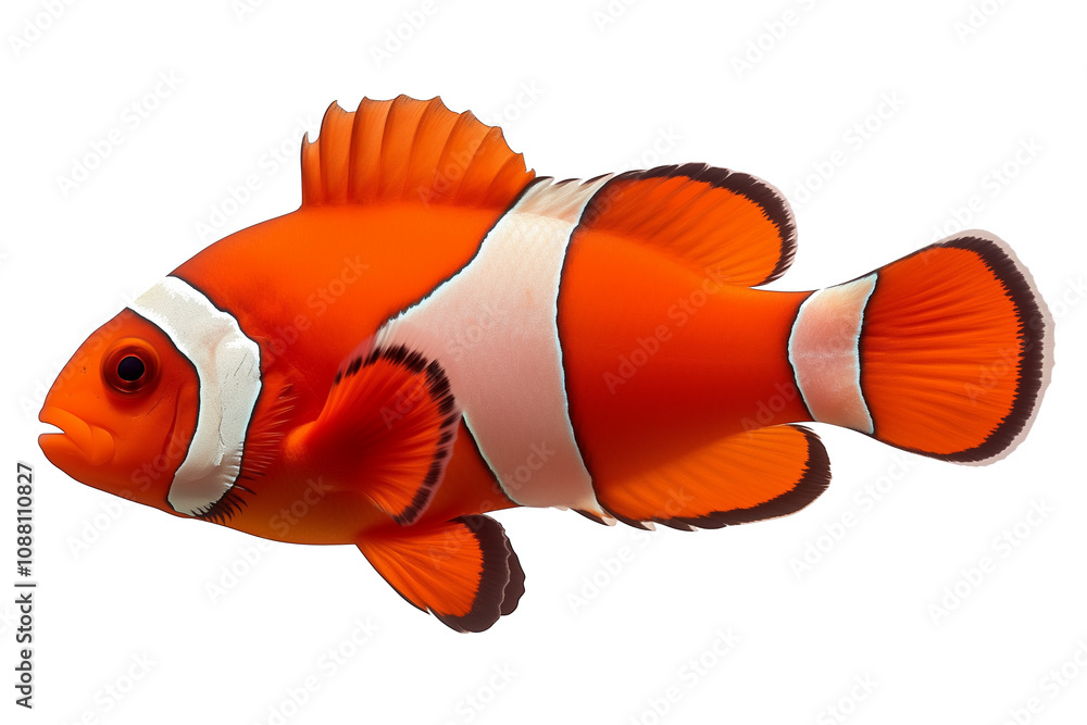 Poster clownfish isolated on white background, showcasing its vibrant orange color and distinctive white st