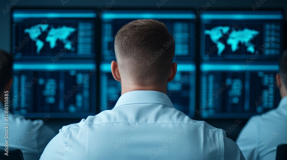 Poster cybersecurity professionals: a team of cybersecurity professionals works diligently in a high-tech e