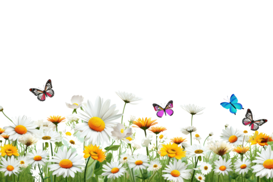 A vibrant field of spring flowers with a butterfly resting on a blooming daisy isolated on white background