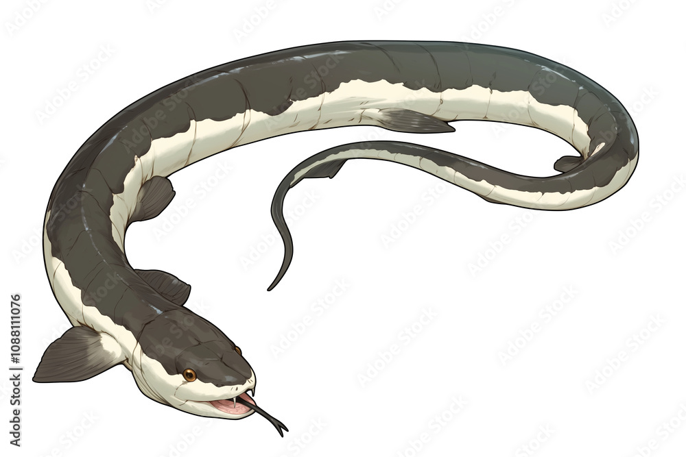 Poster long, slender eel with distinctive pattern is isolated on white background, showcasing its unique fe