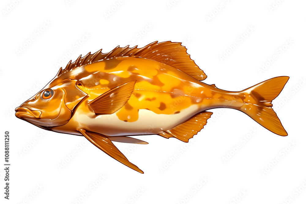 Poster vibrant orange fish with detailed scales and fins is isolated on white background, showcasing its unique pattern and structure. fish expression adds character to image