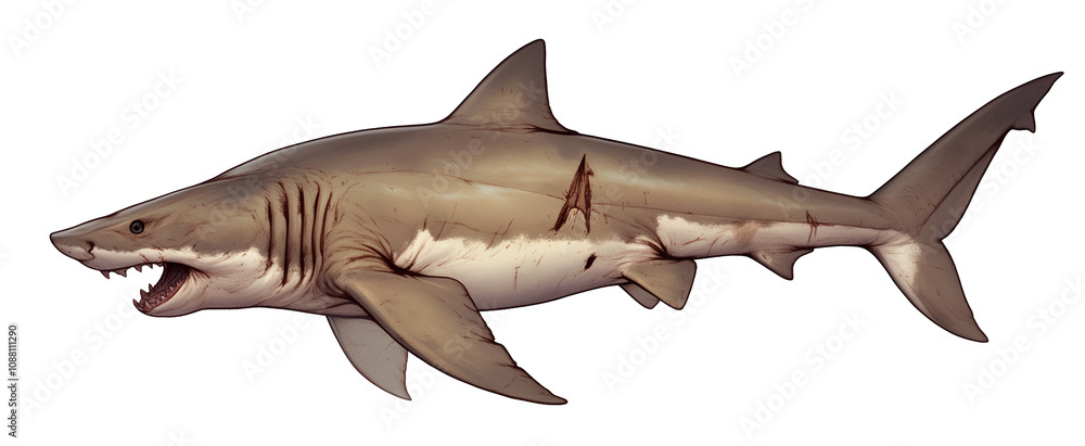 Poster fierce freshwater shark is isolated on white background, showcasing its sharp teeth and streamlined 