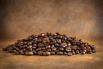 A rich spread of coffee beans covering the surface, with an open area for copy space. Warm, soft lighting. Textured brown background.