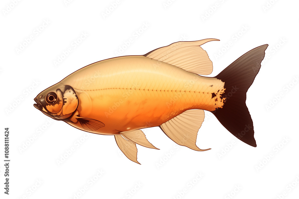 Poster vibrant orange gourami fish is isolated on white background, showcasing its distinct fins and scales