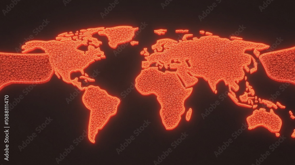 Poster global network: glowing world map. a futuristic, vibrant red world map, digitally rendered in a part