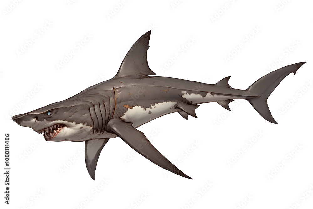 Poster fierce hammerhead shark is isolated on white background, showcasing its unique head shape and streamlined body. shark sharp teeth and powerful fins are clearly visible, emphasizing its predatory