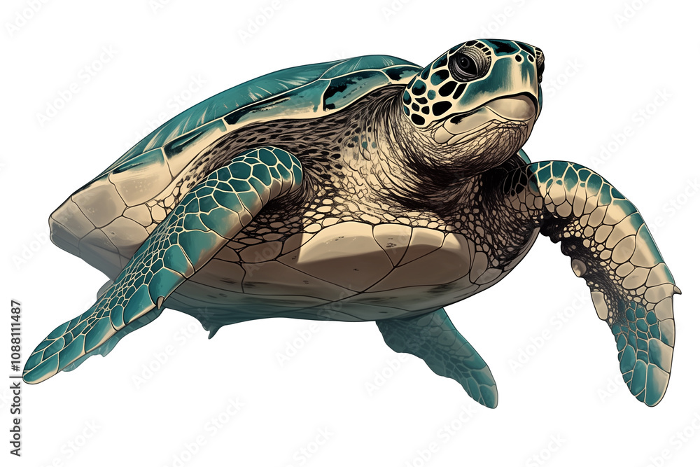 Poster green sea turtle gracefully swimming, isolated on white background, showcasing its detailed shell an