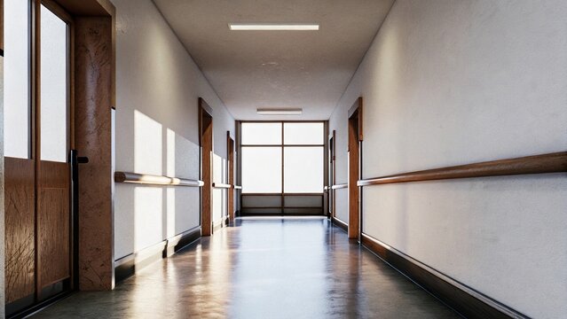 Sunlit hospital corridor with wooden doors and handrails