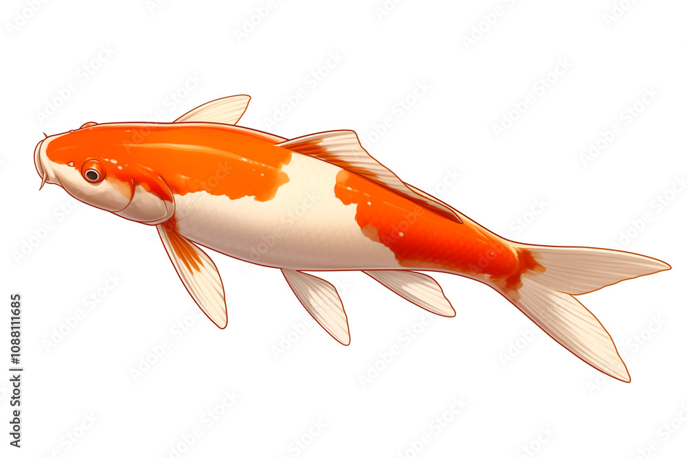Poster vibrant koi fish with orange and white patterns is isolated on white background, showcasing its eleg