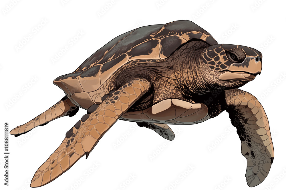 Aufkleber loggerhead turtle illustration showcasing detailed shell and flippers, isolated on white background,