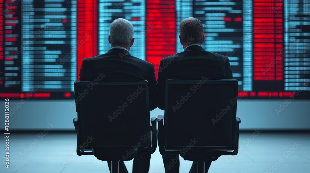 Poster market volatility: two businessmen sit facing a large screen displaying fluctuating financial data, 