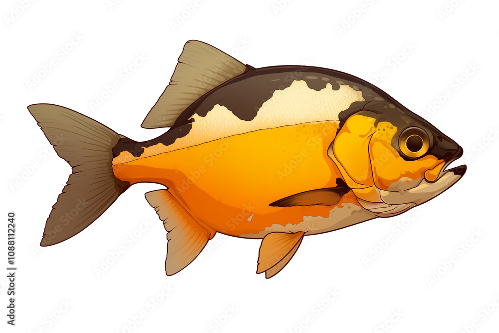 Poster vibrant piranha with striking orange and black patterns is isolated on white background, showcasing its unique features and sharp details