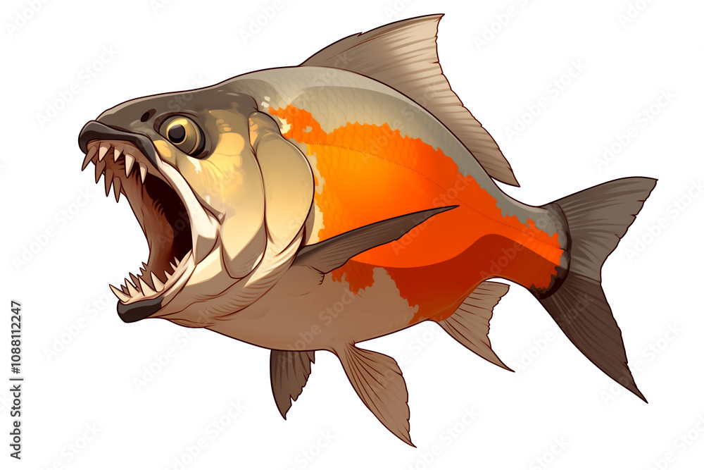 Poster fierce piranha with sharp teeth and vibrant orange and silver scales is isolated on white background