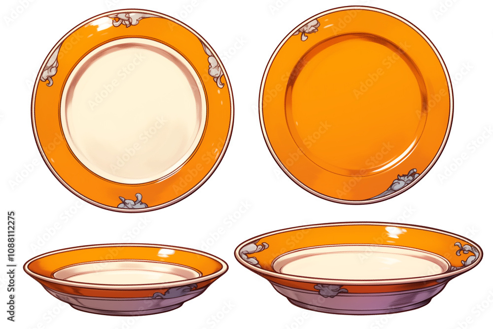 Poster four decorative orange plates with floral patterns are displayed on white background, showcasing the