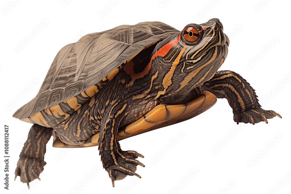 Poster Red eared slider turtle isolated on white background, showcasing its distinctive red markings and detailed shell pattern. turtle vibrant colors and unique features are clearly visible