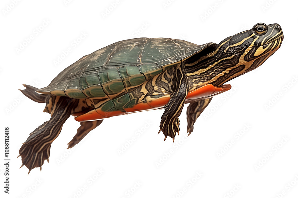 Poster red eared slider turtle is isolated on white background, showcasing its distinctive markings and vib