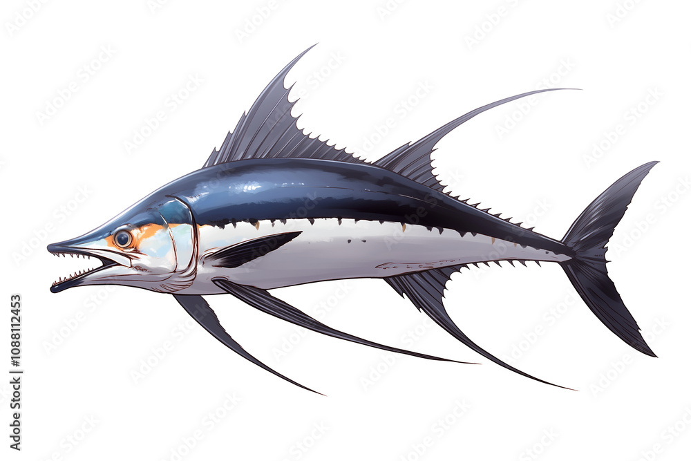 Poster sailfish isolated on white background, showcasing its sleek body and long dorsal fin. vibrant colors