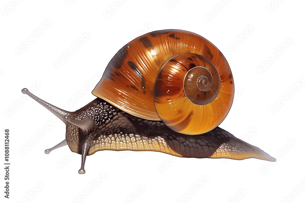 Poster sea snail with glossy, brown shell is isolated on white background, showcasing its intricate patterns and textures. snail body is detailed, highlighting its natural beauty