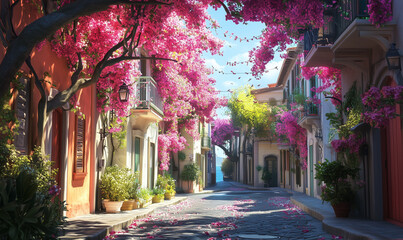 Urban Village Street with Small Bay Windows and Cascading Bougainvillea