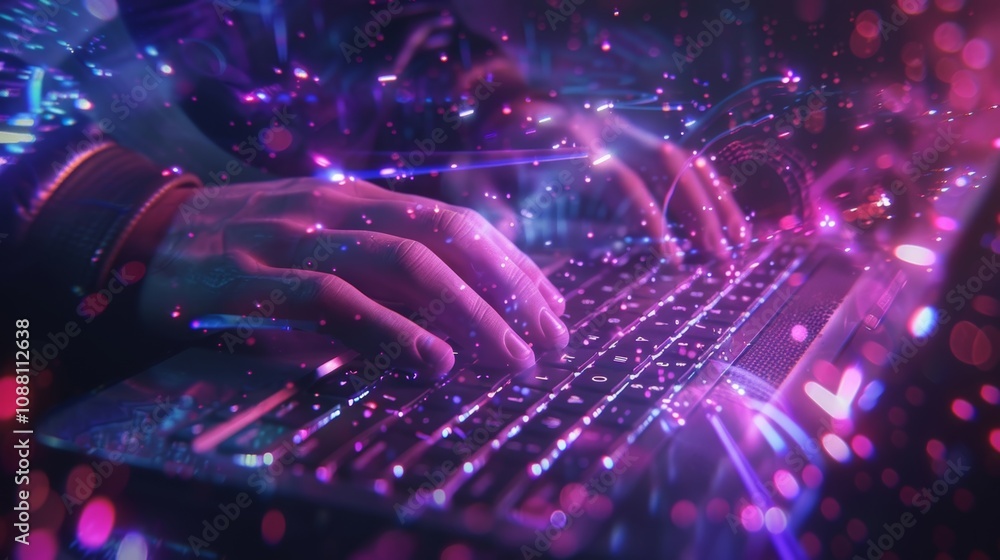 Poster hands typing on laptop keyboard surrounded by colorful futuristic digital light trails and effects, 