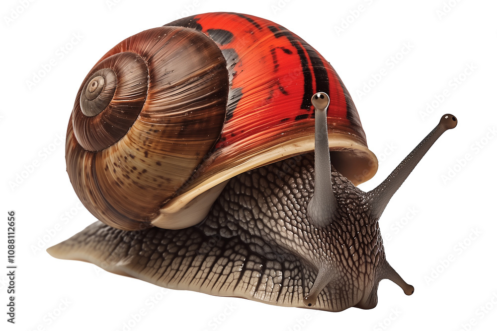 Poster snail with vibrant red and brown shell is isolated on white background, showcasing its unique pattern and texture. snail antennae are extended, adding to its curious appearance