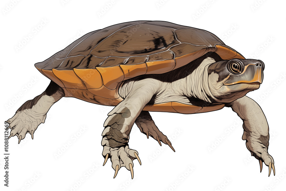 Poster Softshell turtle isolated on white background, showcasing its unique shell and features. turtle smooth, leathery shell and distinct limbs are clearly visible, highlighting its natural beauty