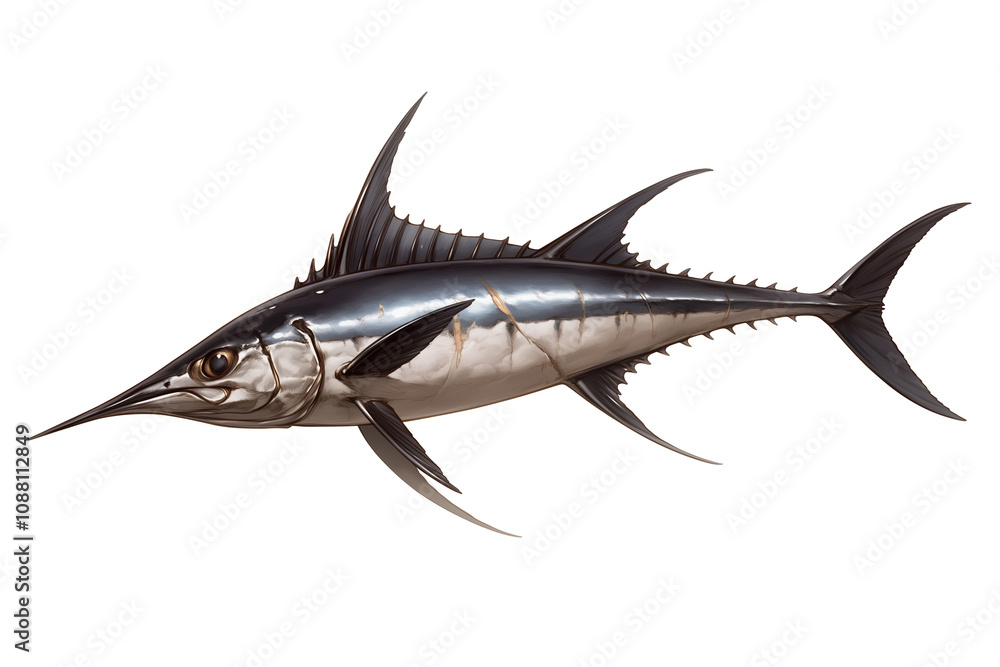 Poster sleek swordfish with long, pointed bill and streamlined body is isolated on white background, showca