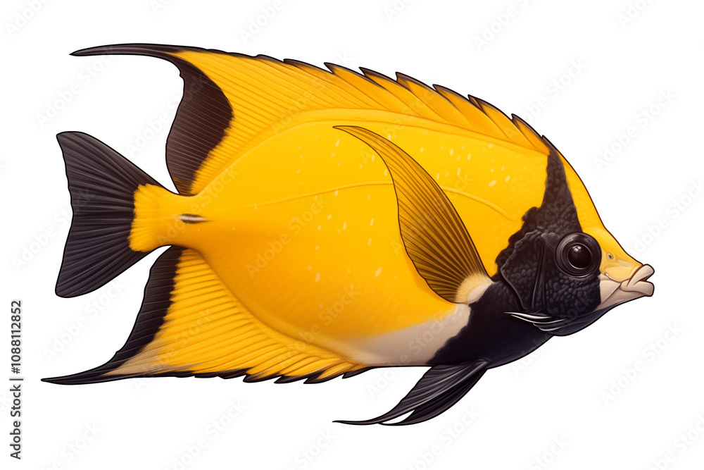 Poster vibrant swallowtail butterflyfish with striking yellow and black patterns is isolated on white backg