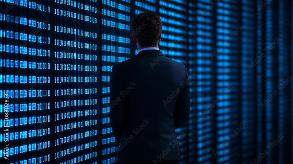 Poster the code breaker: a lone businessman stands facing a wall of binary code, his back to the viewer, ra