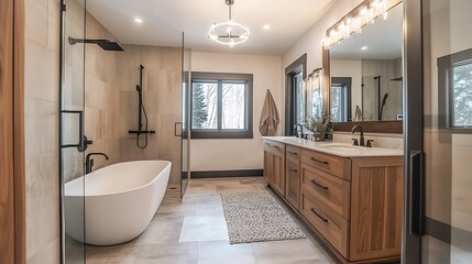  Modern spa-like bathroom with freestanding tub, double vanity, and glass shower.