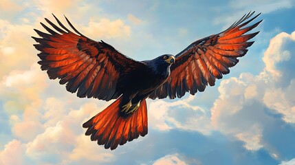 Fototapeta premium Majestic hawk soaring through vibrant sunset clouds.