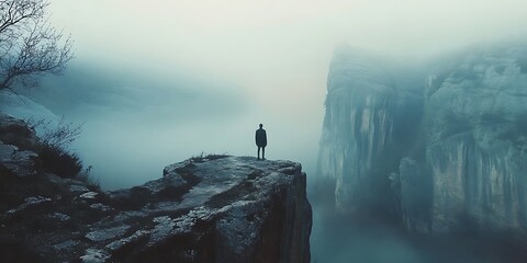 Solitary Figure on Misty Clifftop