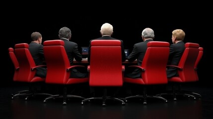 Boardroom Backs: Five business executives sit in a circle of striking red executive chairs, their backs to the camera, creating a sense of mystery and high-stakes decision-making.