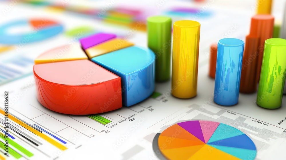 Poster in-depth business analysis captured through vibrant pie charts and bar graphs on a document, showcas